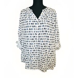 Jane and Delancey‎ All Over Birds Print Button Up Blouse Top Roll Tab Women's 1X